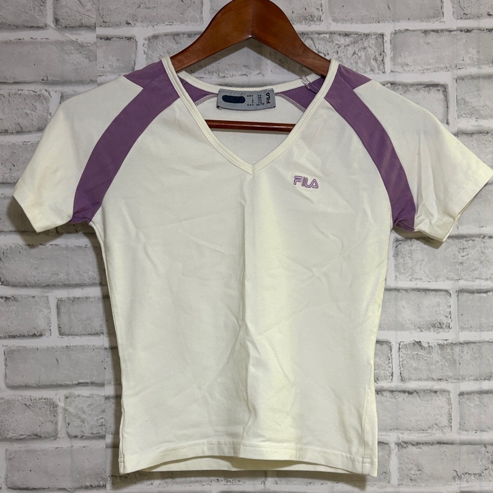 Fila Women's Cream and Purple Short Sleeve Tee, size extra small